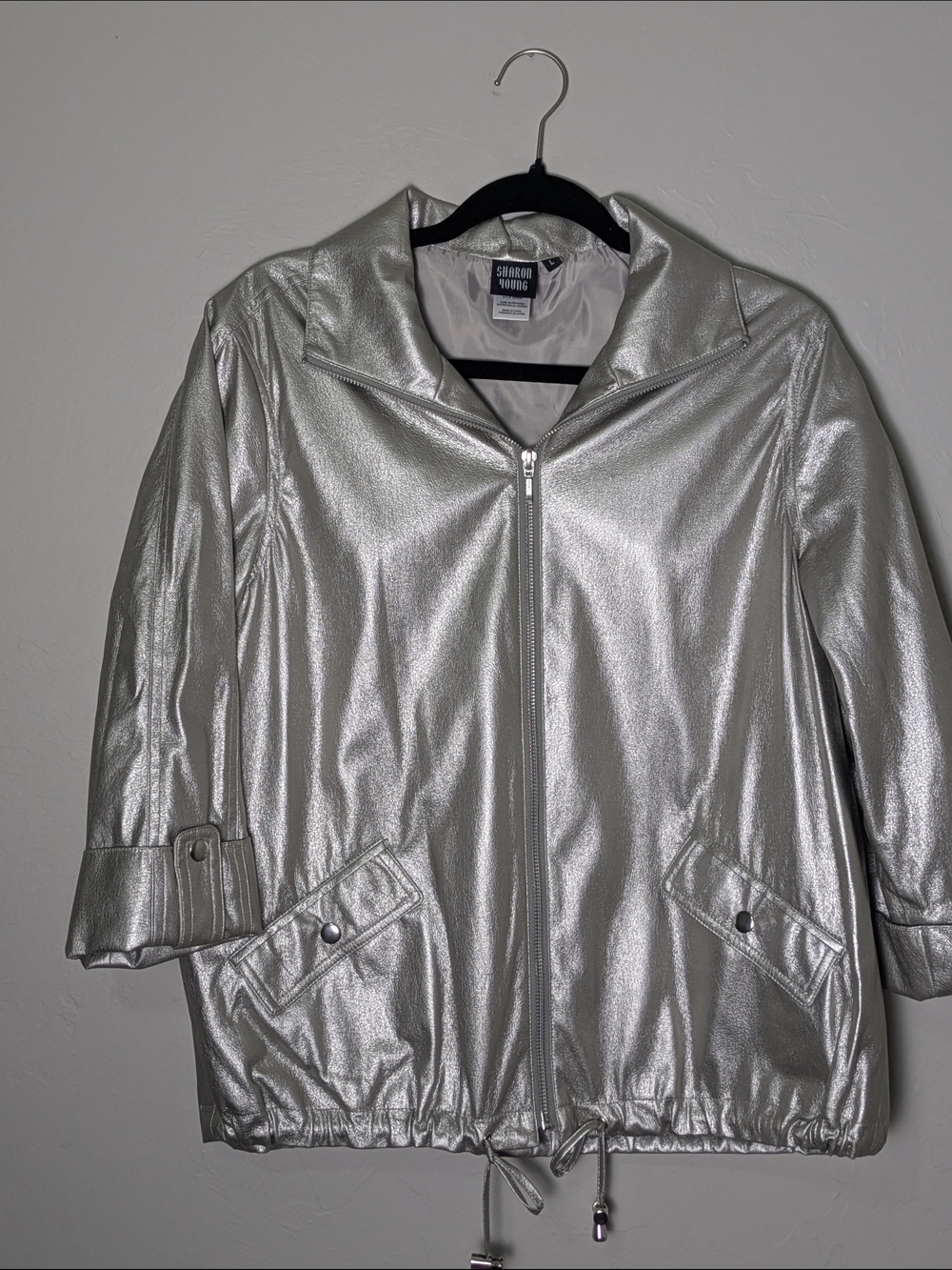 Sharon Young Metallic Silver Zip-Front Jacket Faux Leather Futuristic S:L Y2K